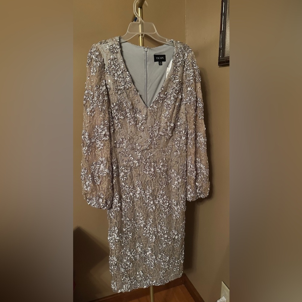 Xscape Taupe Long Sleeve Sequin Floral Dress